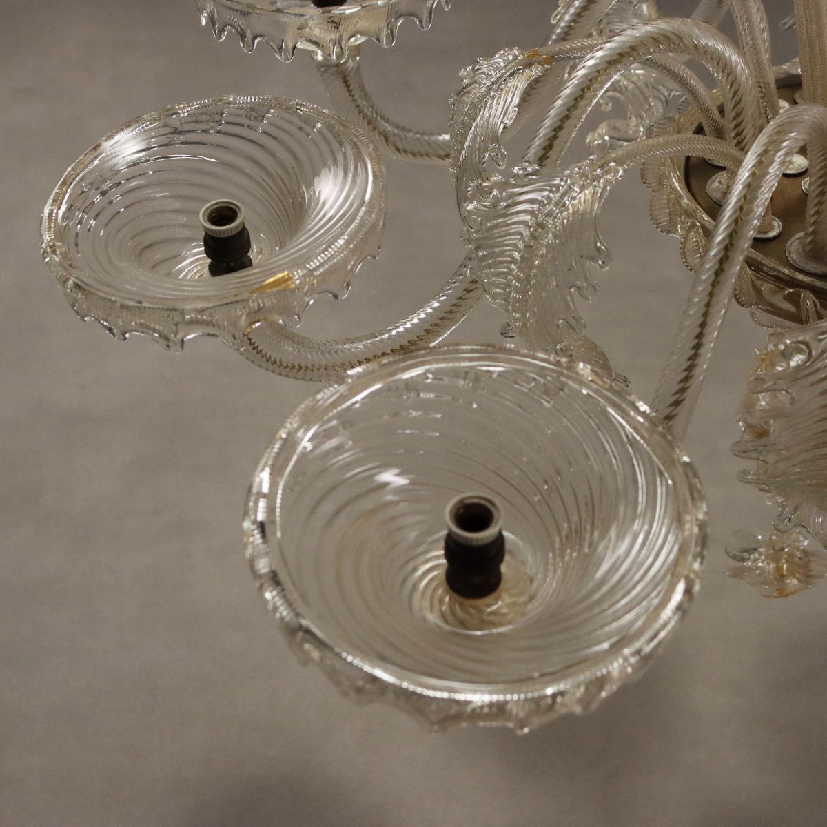 Lampadario in Vetro Soffiato Trasparente e Dorature Murano Inizio XX Secolo-photo-4
