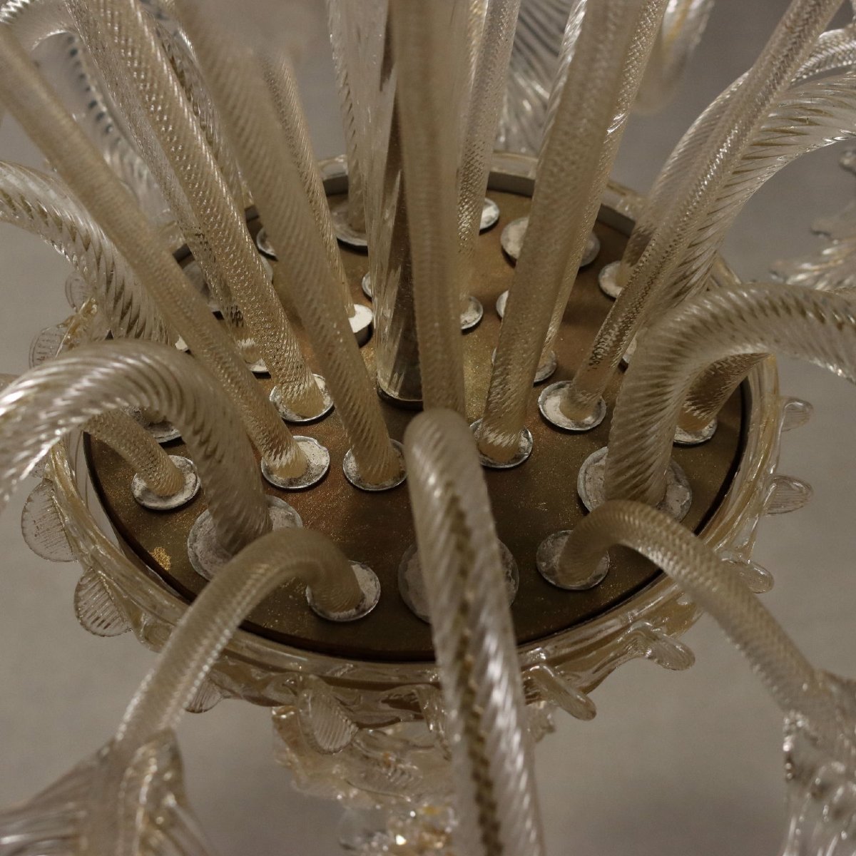 Lampadario in Vetro Soffiato Trasparente e Dorature Murano Inizio XX Secolo-photo-6