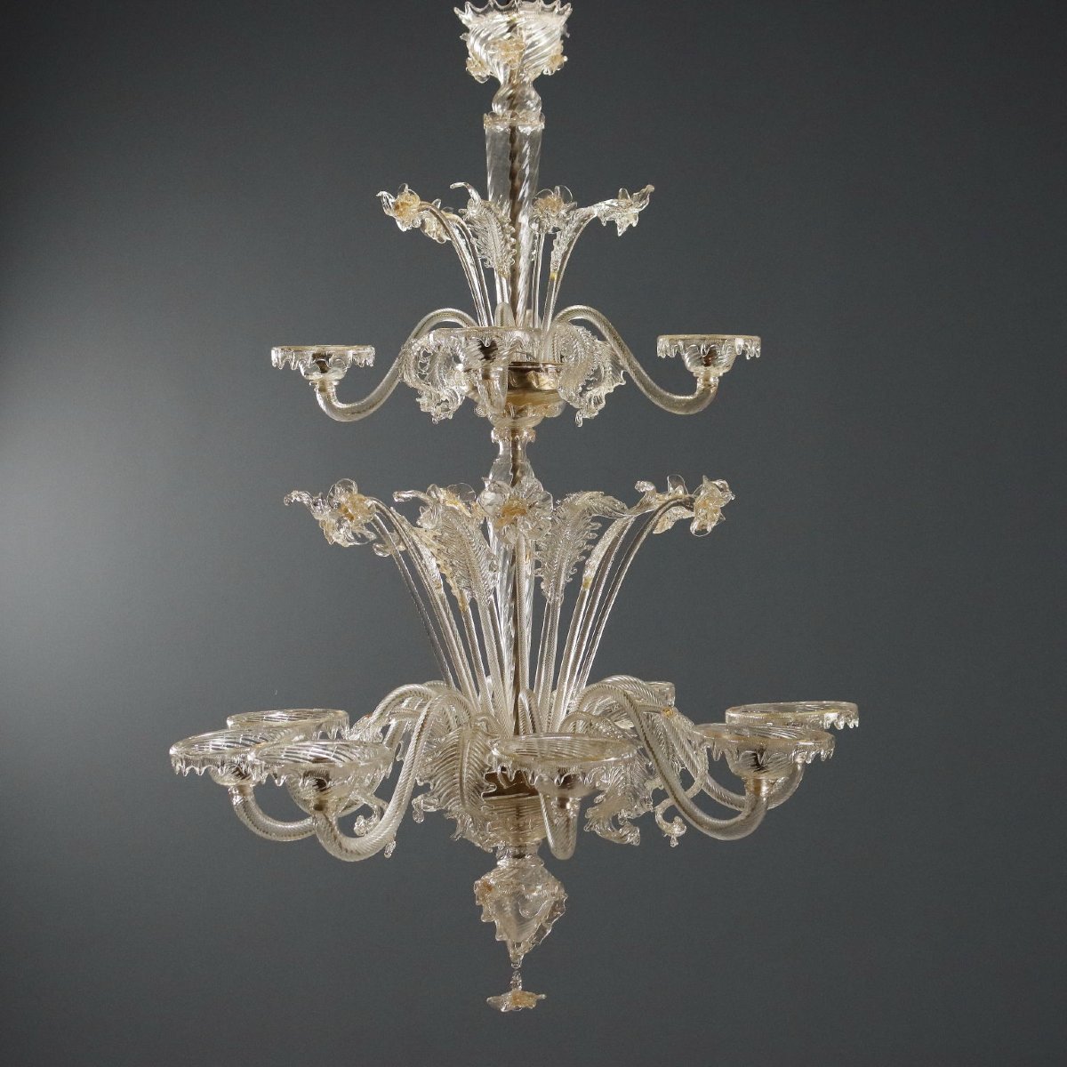 Lampadario in Vetro Soffiato Trasparente e Dorature Murano Inizio XX Secolo