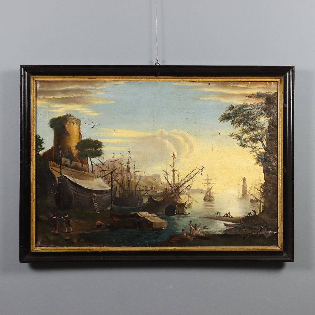Dipinto Marina del Porto Olio su Tela XVIII Secolo