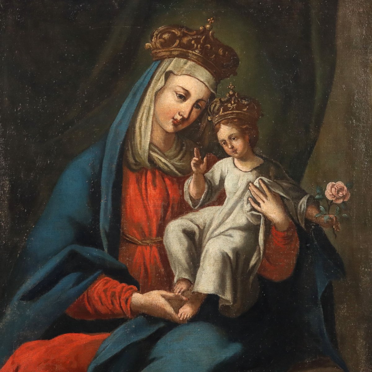 Dipinto Madonna con Bambino Incoronati Olio su Tela XVII Secolo-photo-3