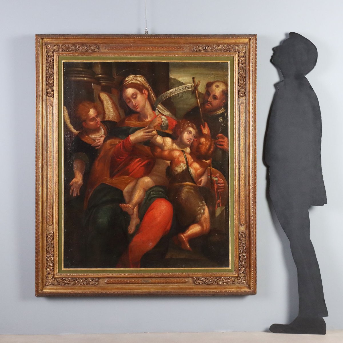 Dipinto Madonna con Bambino e Santi Olio su Tela XVII Secolo-photo-2