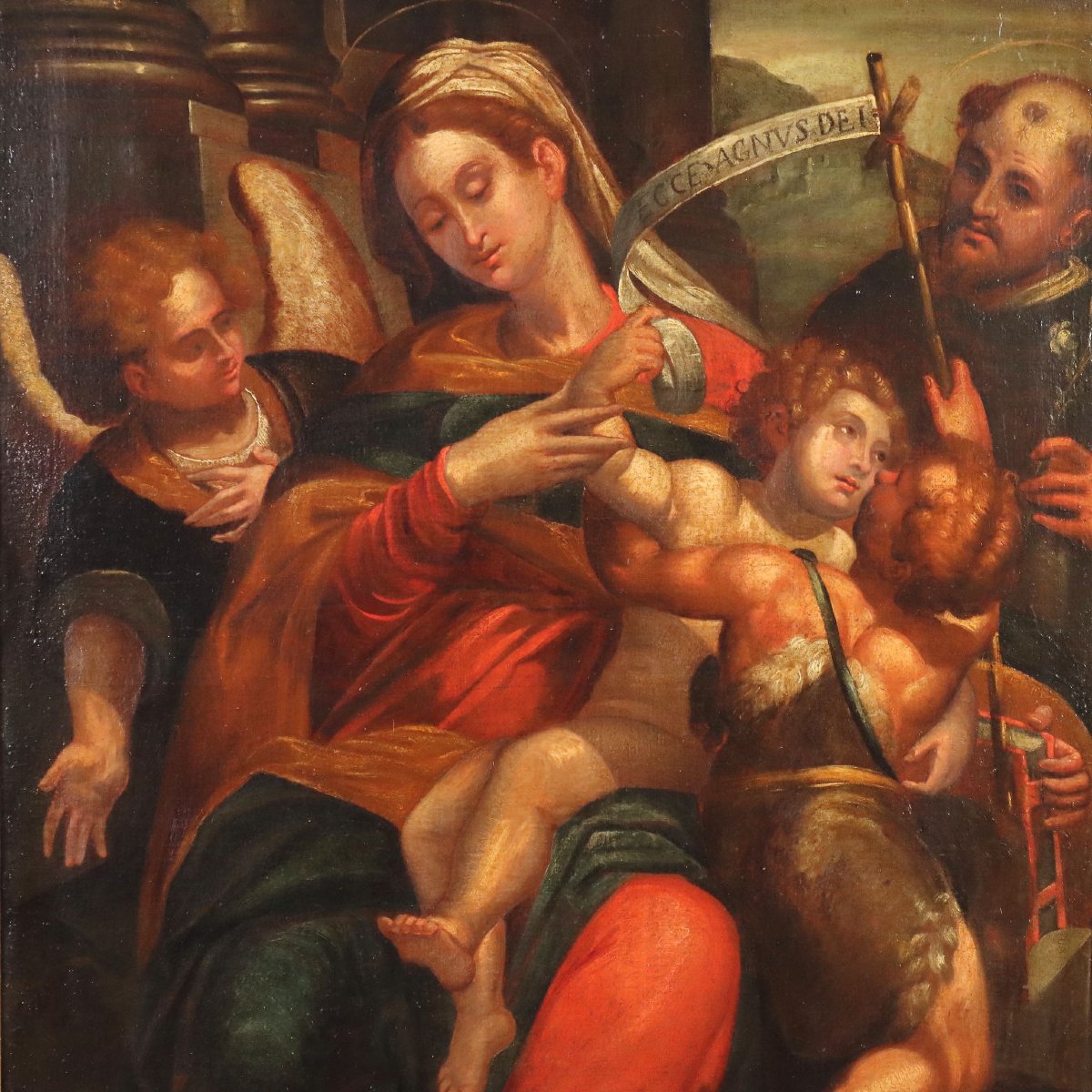 Dipinto Madonna con Bambino e Santi Olio su Tela XVII Secolo-photo-3