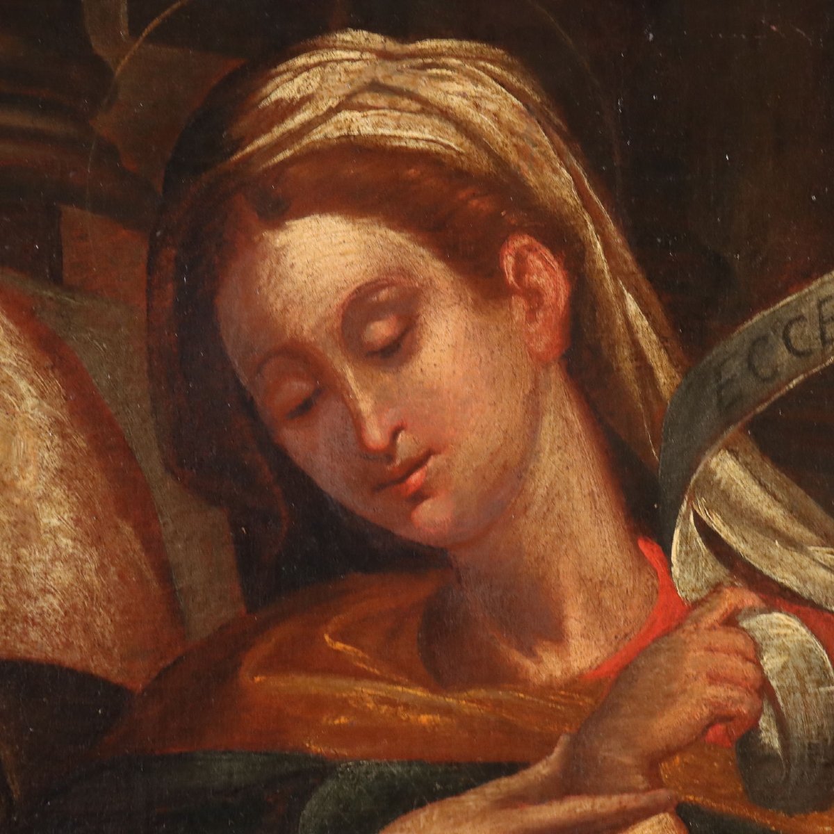 Dipinto Madonna con Bambino e Santi Olio su Tela XVII Secolo-photo-4