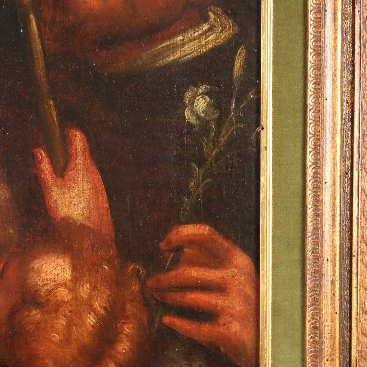Dipinto Madonna con Bambino e Santi Olio su Tela XVII Secolo-photo-5