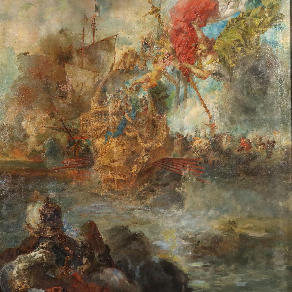 Dipinto Ottocentesco di Battaglia Navale con Figura Allegorica-photo-3