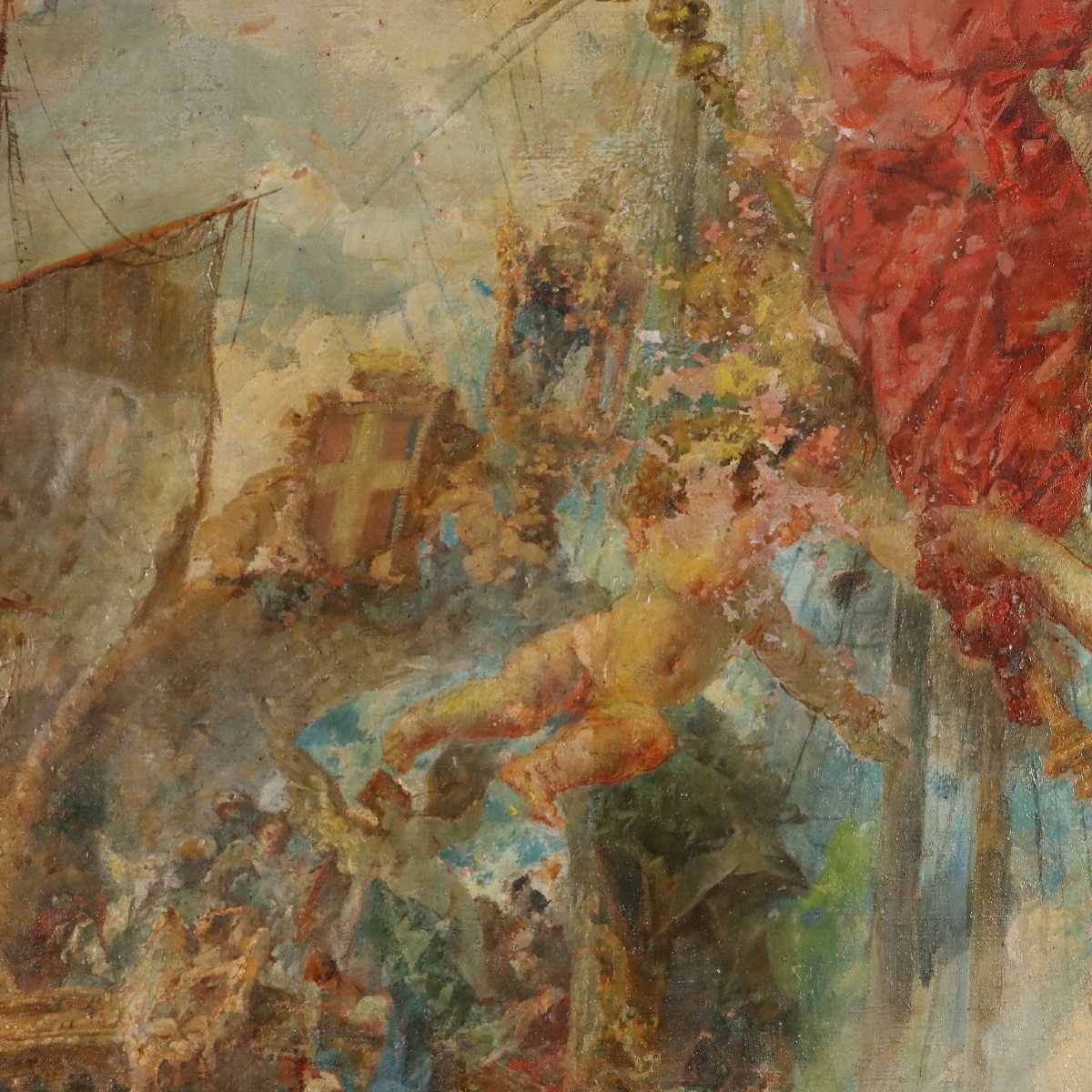 Dipinto Ottocentesco di Battaglia Navale con Figura Allegorica-photo-1