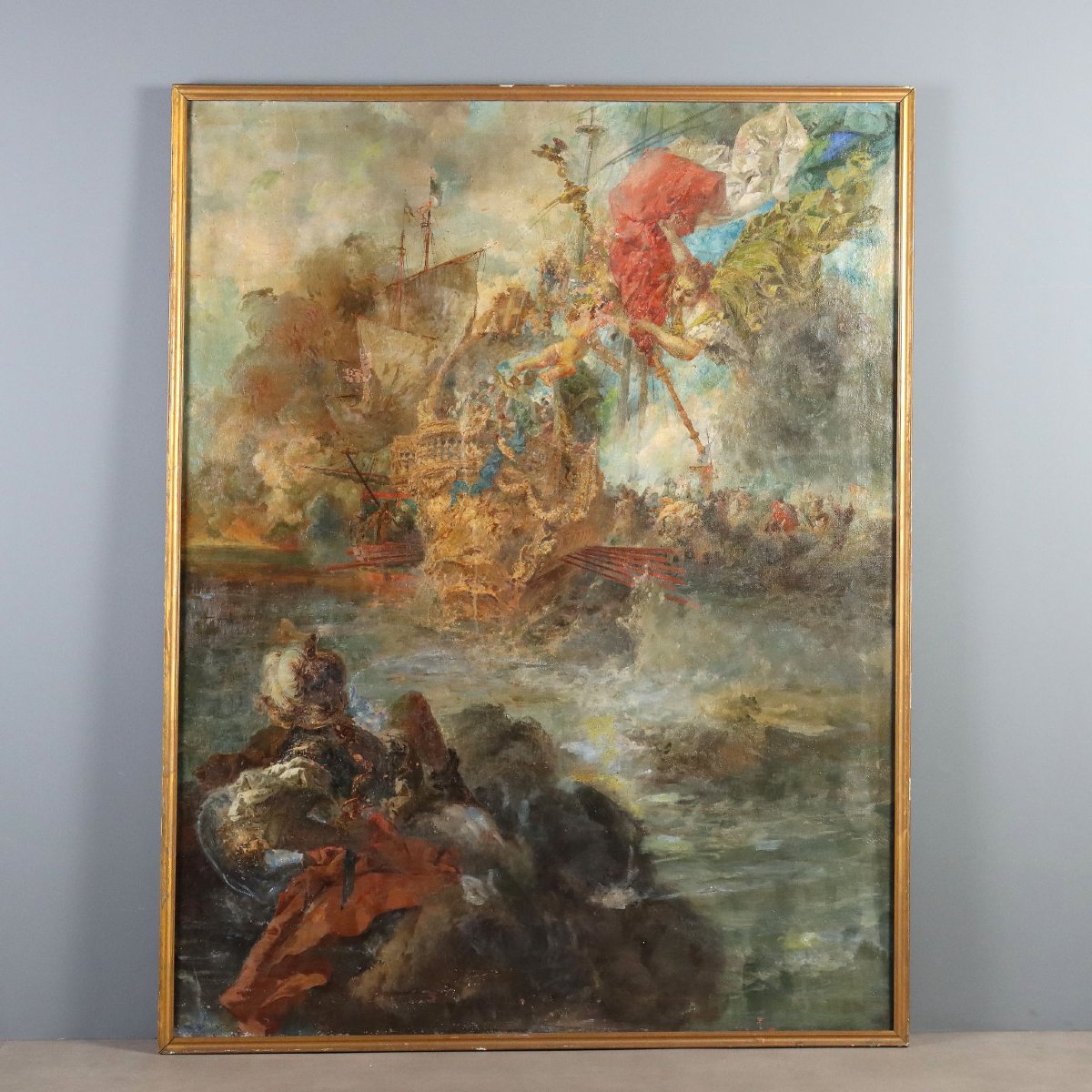 Dipinto Ottocentesco di Battaglia Navale con Figura Allegorica