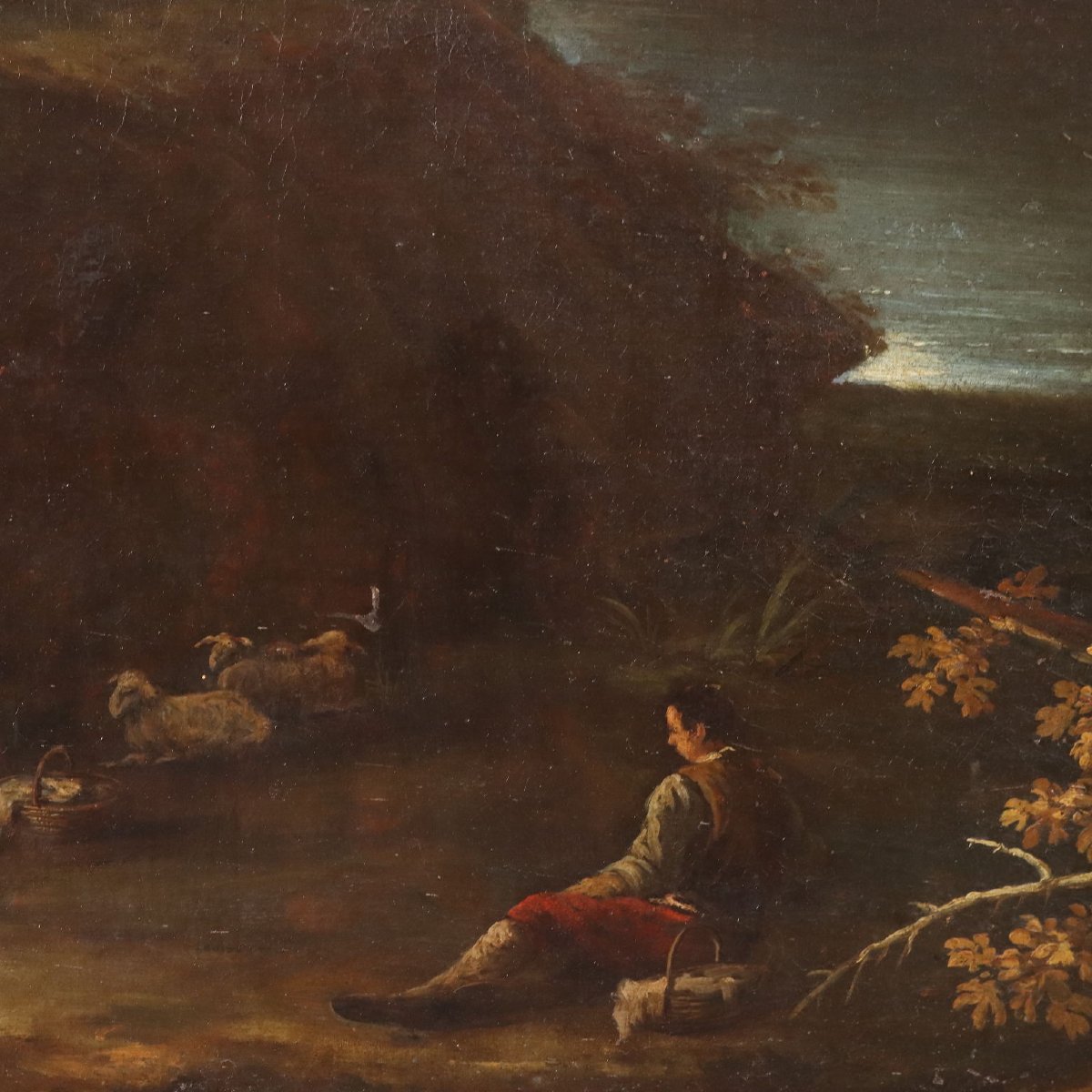 Dipinto del XVIII Secolo con Paesaggio e Figure Olio su Tela-photo-1