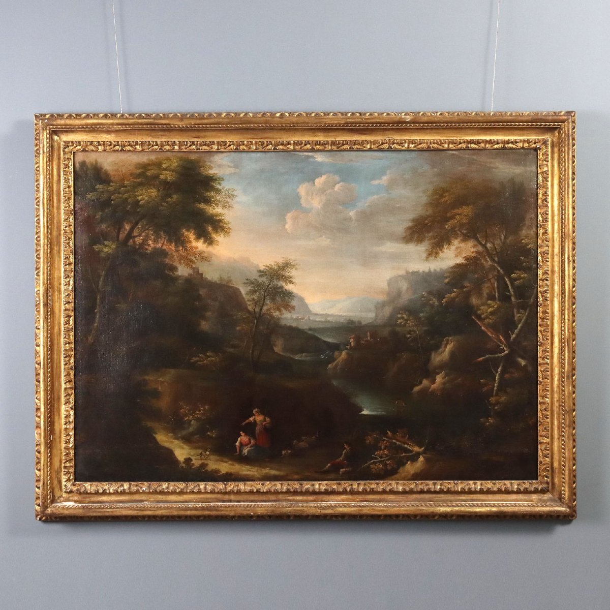 Dipinto del XVIII Secolo con Paesaggio e Figure Olio su Tela