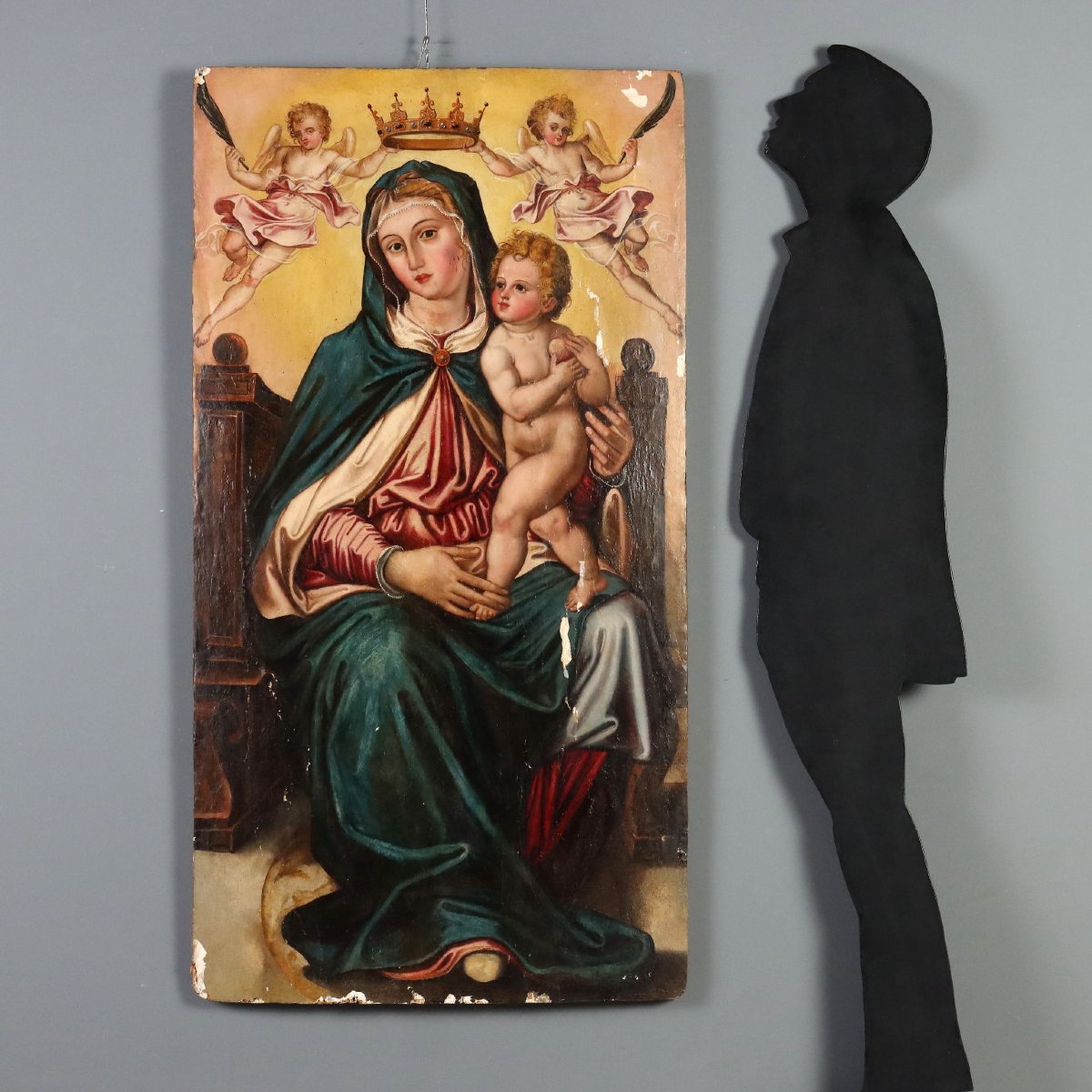 Madonna in Trono con Gesù Bambino e Angeli Dipinto su Tavola XVII Secolo-photo-2
