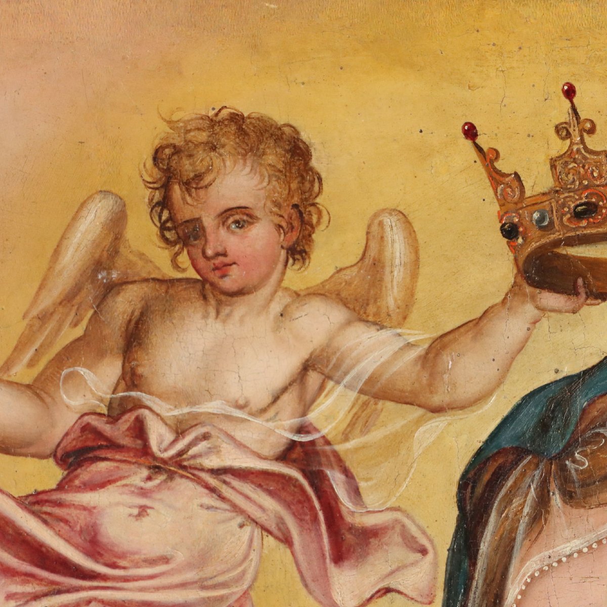 Madonna in Trono con Gesù Bambino e Angeli Dipinto su Tavola XVII Secolo-photo-4