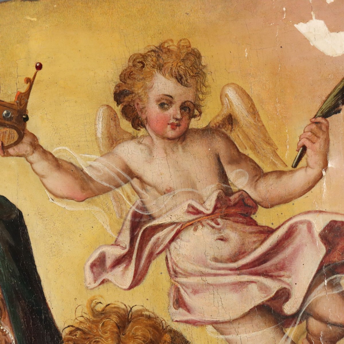 Madonna in Trono con Gesù Bambino e Angeli Dipinto su Tavola XVII Secolo-photo-1