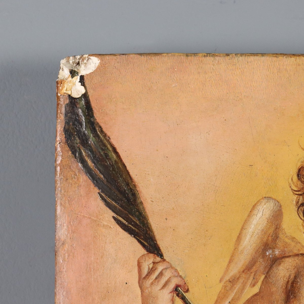 Madonna in Trono con Gesù Bambino e Angeli Dipinto su Tavola XVII Secolo-photo-6