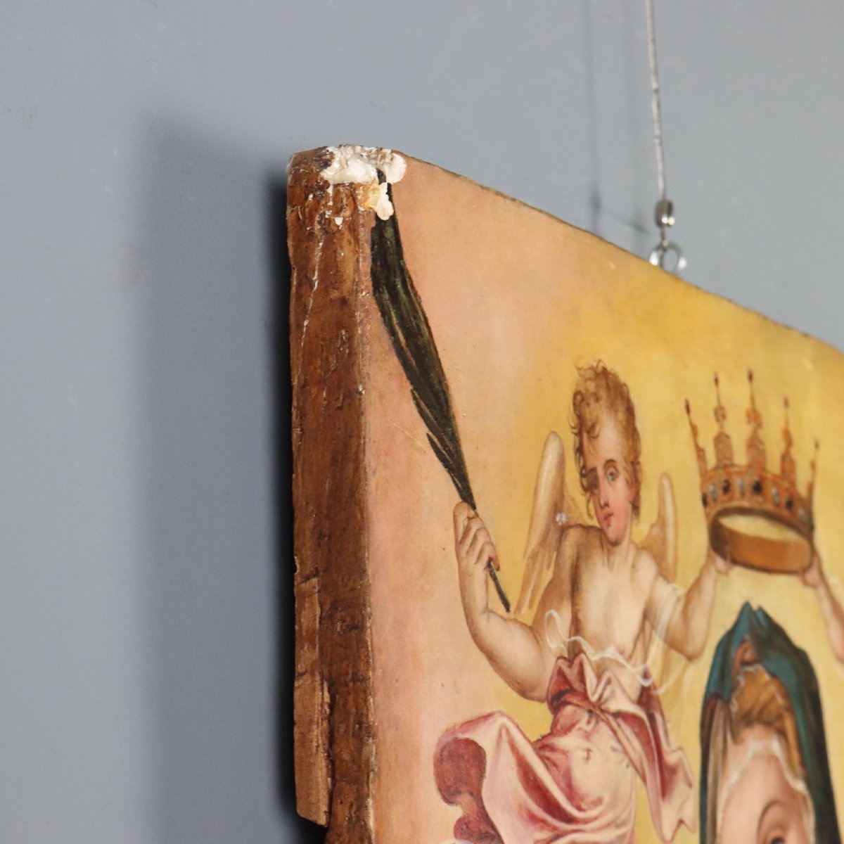 Madonna in Trono con Gesù Bambino e Angeli Dipinto su Tavola XVII Secolo-photo-7