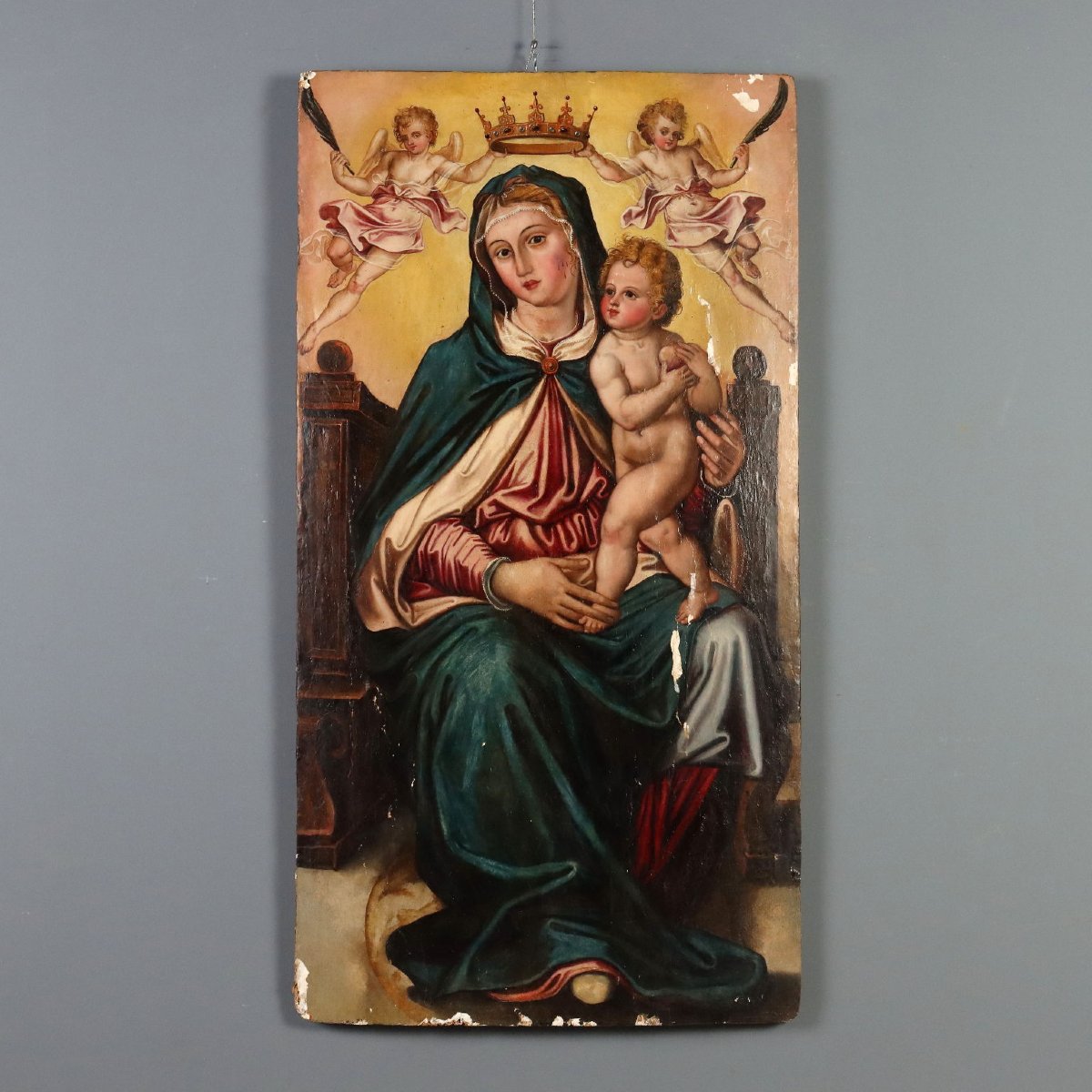 Madonna in Trono con Gesù Bambino e Angeli Dipinto su Tavola XVII Secolo