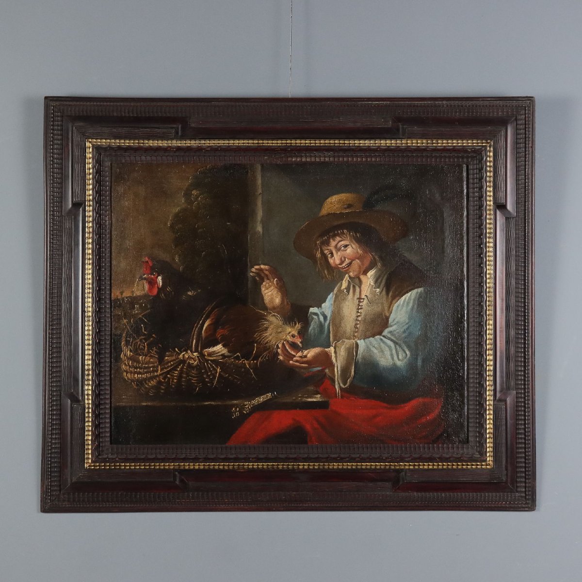 Dipinto Ragazzo con Galline Ambito di Giacomo Francesco Cipper XVIII Secolo