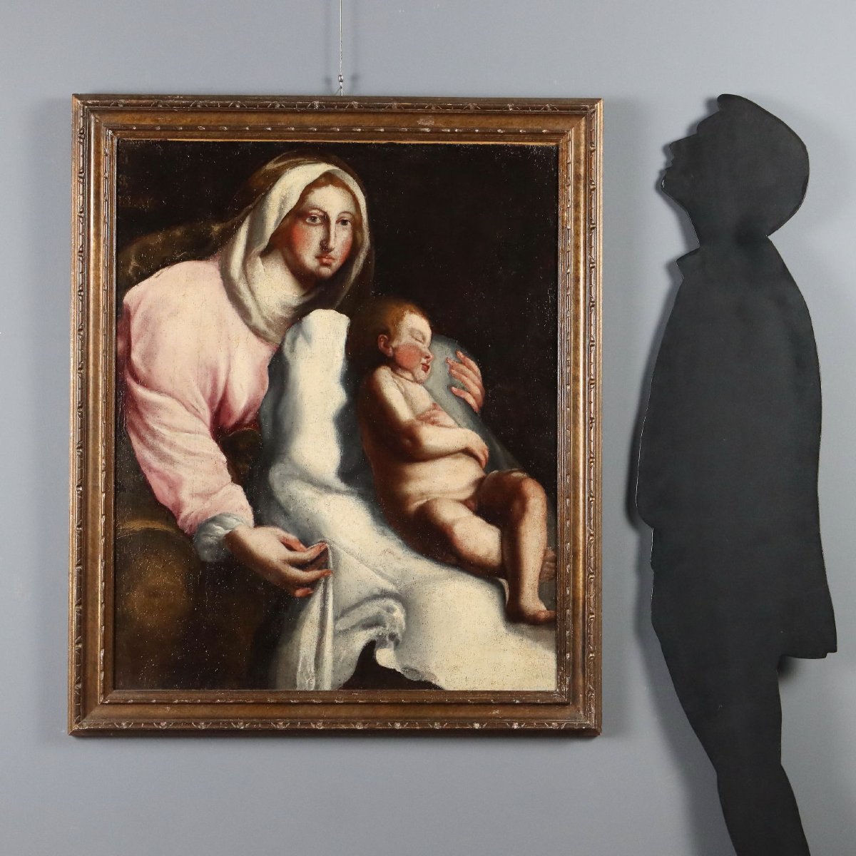 Dipinto Madonna con Bambino Addormentato Olio su Tela XVII Secolo-photo-2