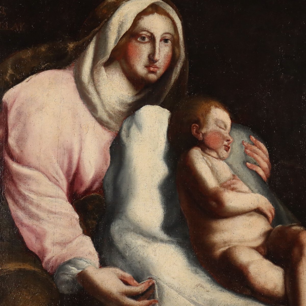 Dipinto Madonna con Bambino Addormentato Olio su Tela XVII Secolo-photo-3