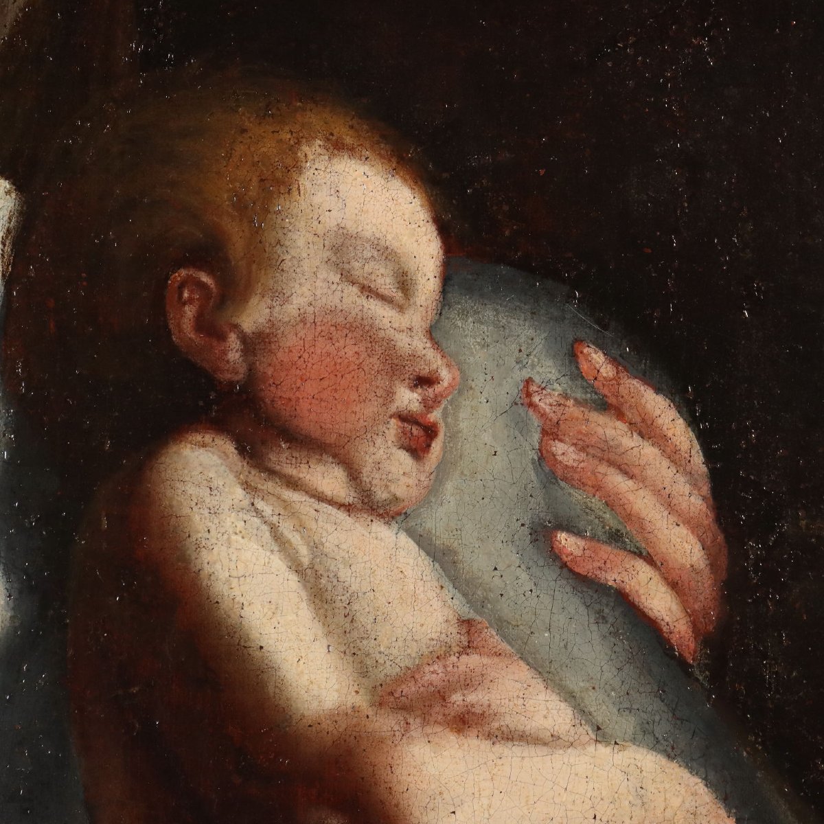 Dipinto Madonna con Bambino Addormentato Olio su Tela XVII Secolo-photo-1