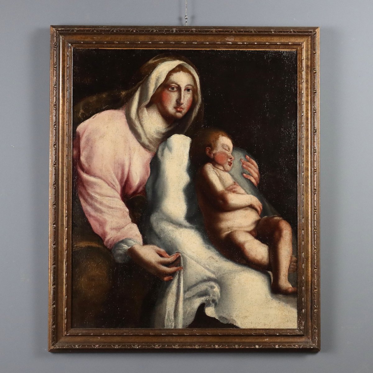 Dipinto Madonna con Bambino Addormentato Olio su Tela XVII Secolo