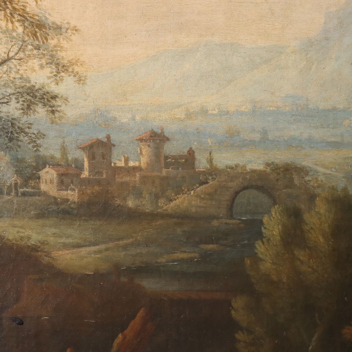Dipinto Antico Scuola Veneta Olio su Tela Paesaggio XVIII Secolo-photo-2