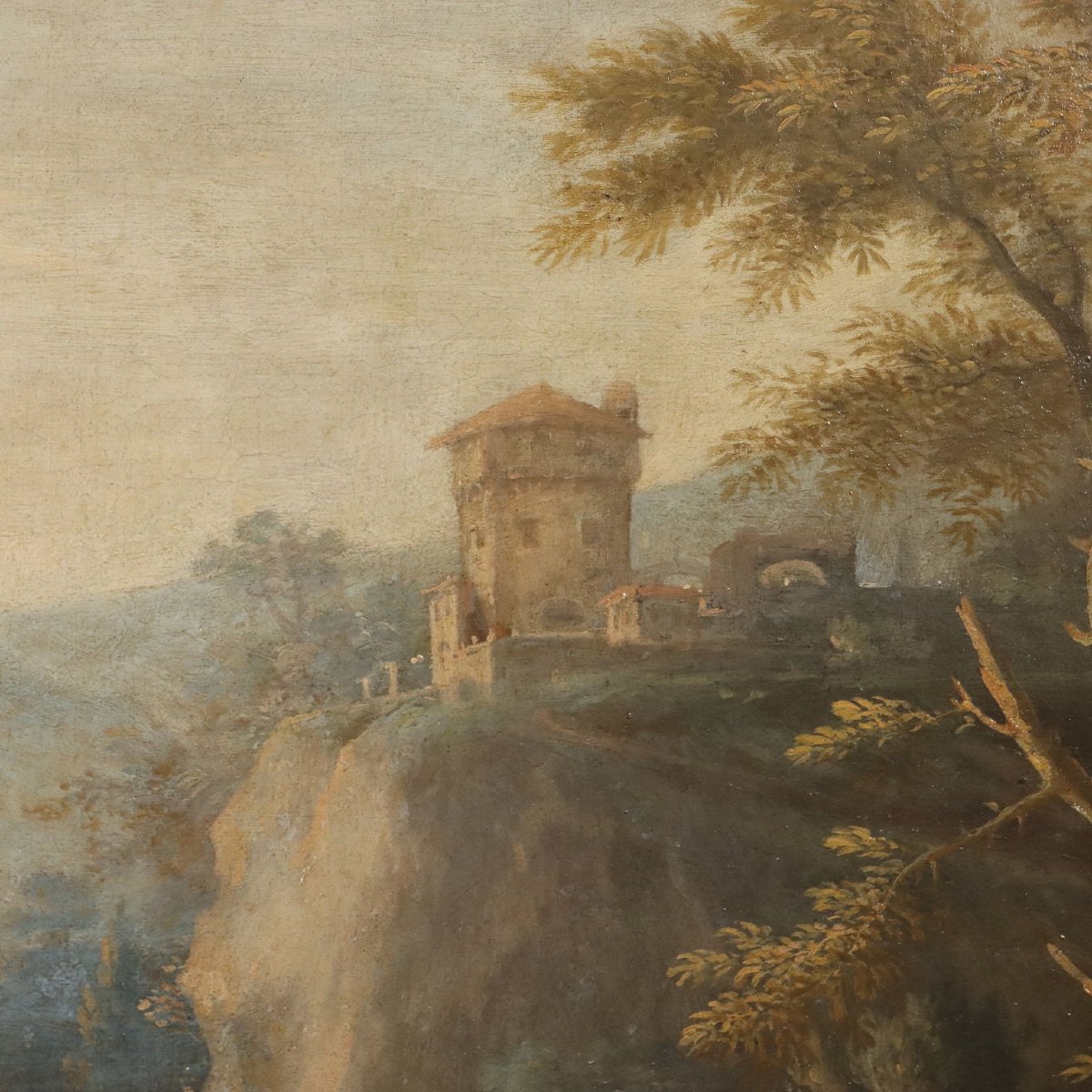 Dipinto Antico Scuola Veneta Olio su Tela Paesaggio XVIII Secolo-photo-3