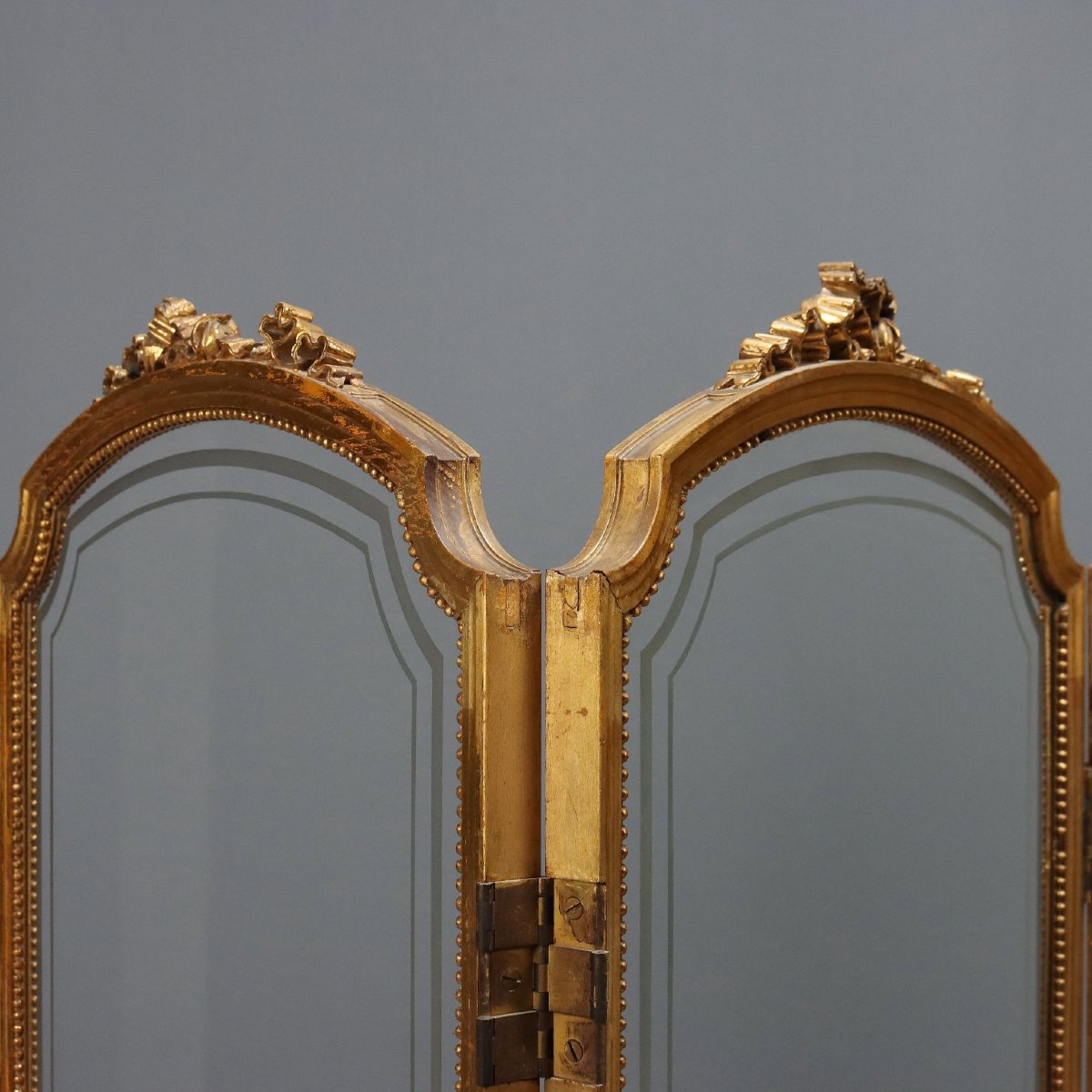 Paravento Antico Legno Dorato Tessuto Intagli Italia XIX Secolo-photo-3