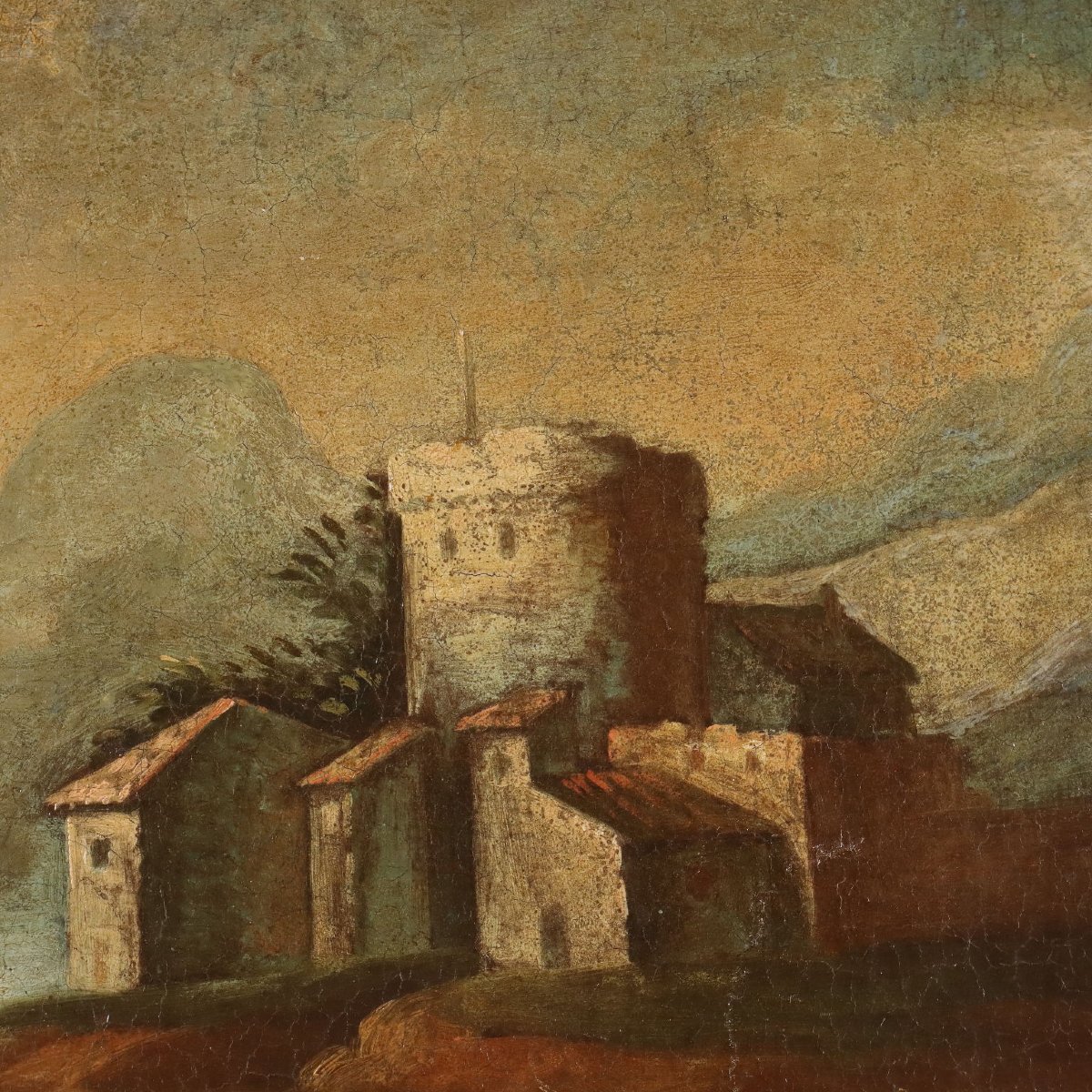 Dipinto Antico Paesaggio con Figure Olio su Tela Scuola Veneta '700-photo-1