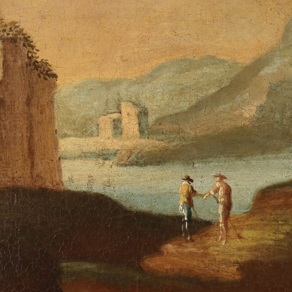 Dipinto Antico Paesaggio con Figure Olio su Tela Scuola Veneta '700-photo-2