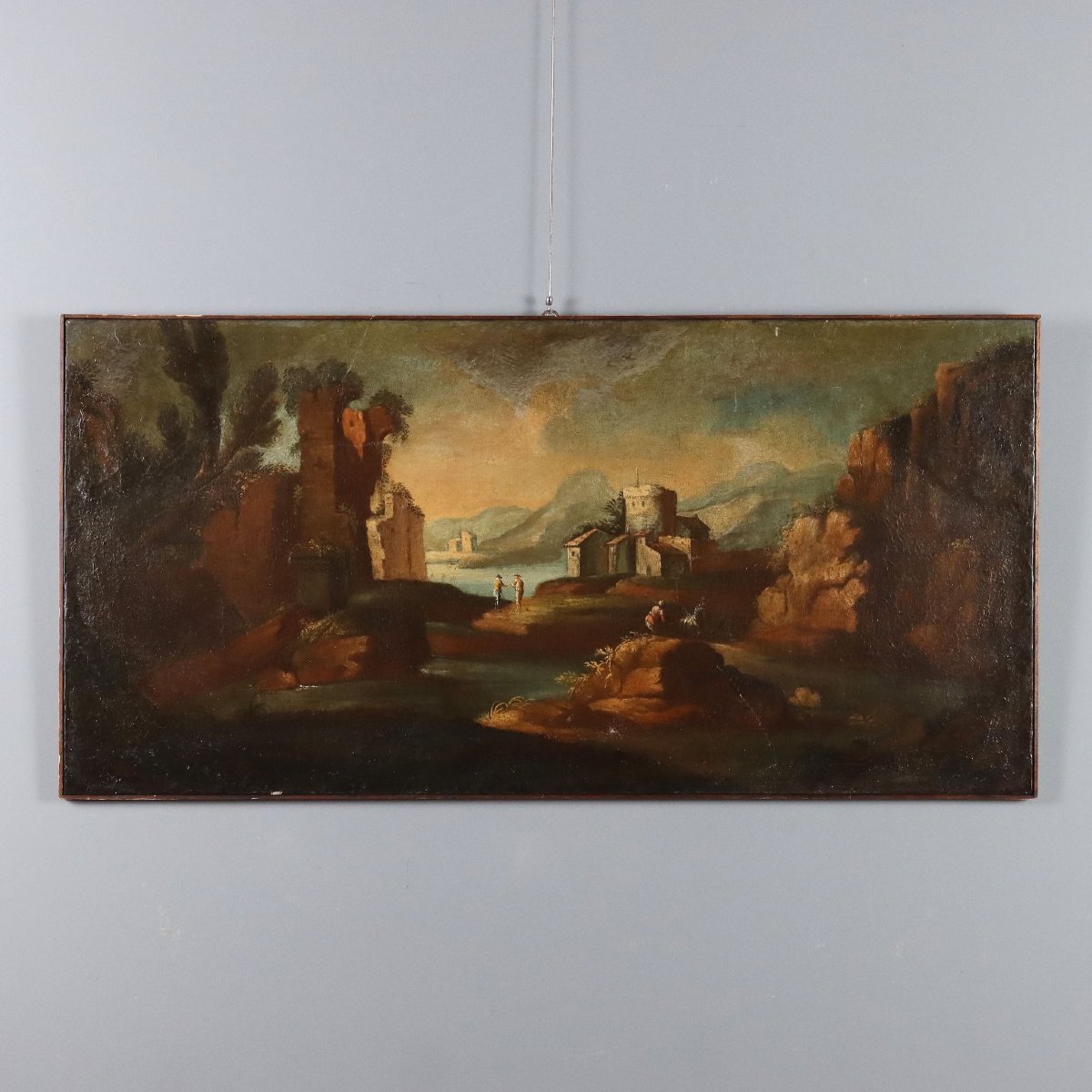 Dipinto Antico Paesaggio con Figure Olio su Tela Scuola Veneta '700