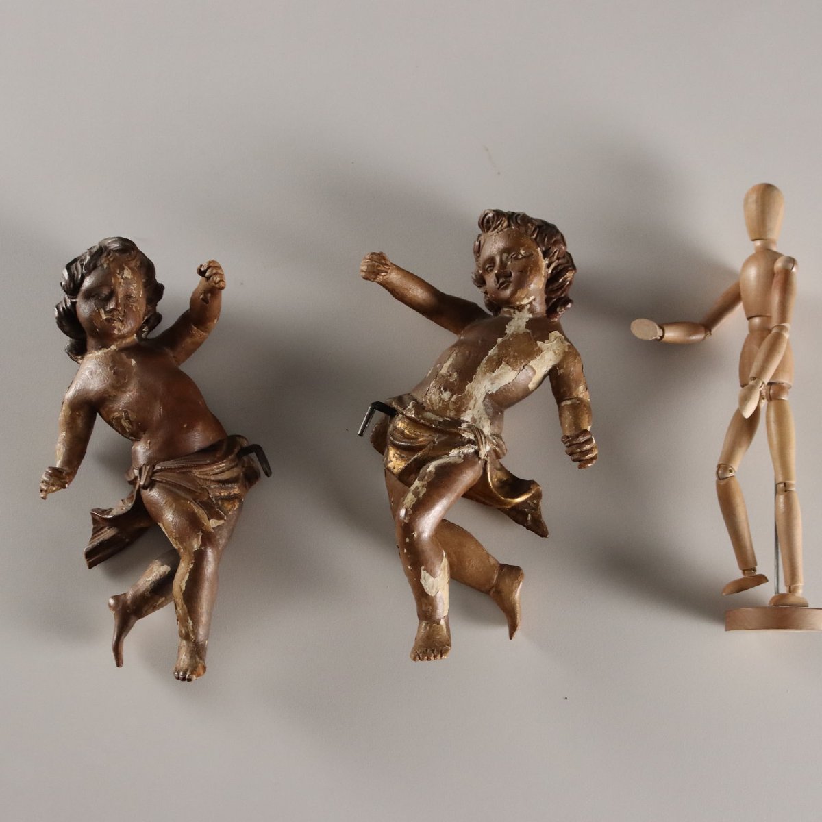 Putti Antichi Legno Intagliato Laccato Dorato Italia XVIII Secolo-photo-2
