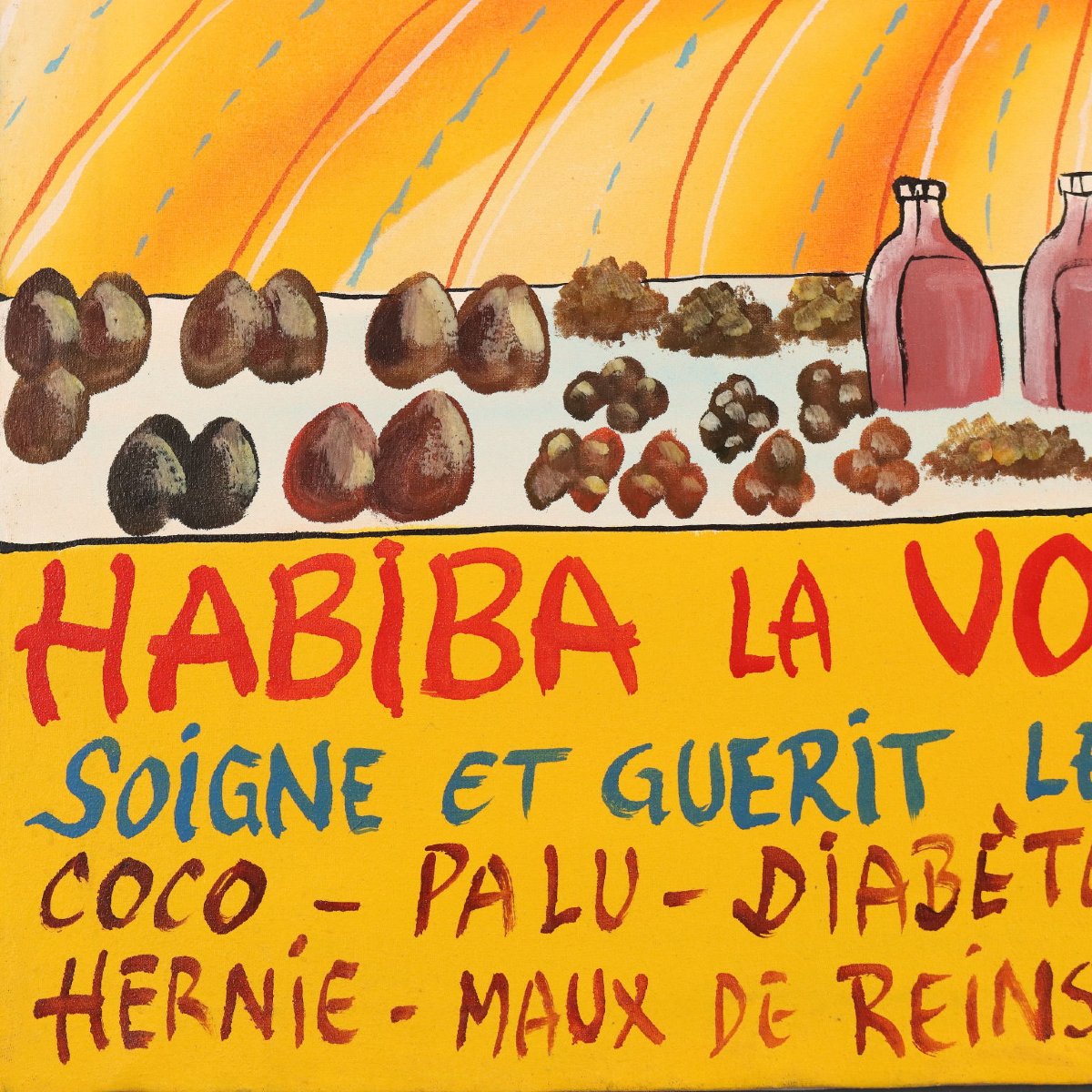 Dipinto Naif Africano La Venditrice di Erbe Mediche Olio su Tela XX Secolo-photo-3
