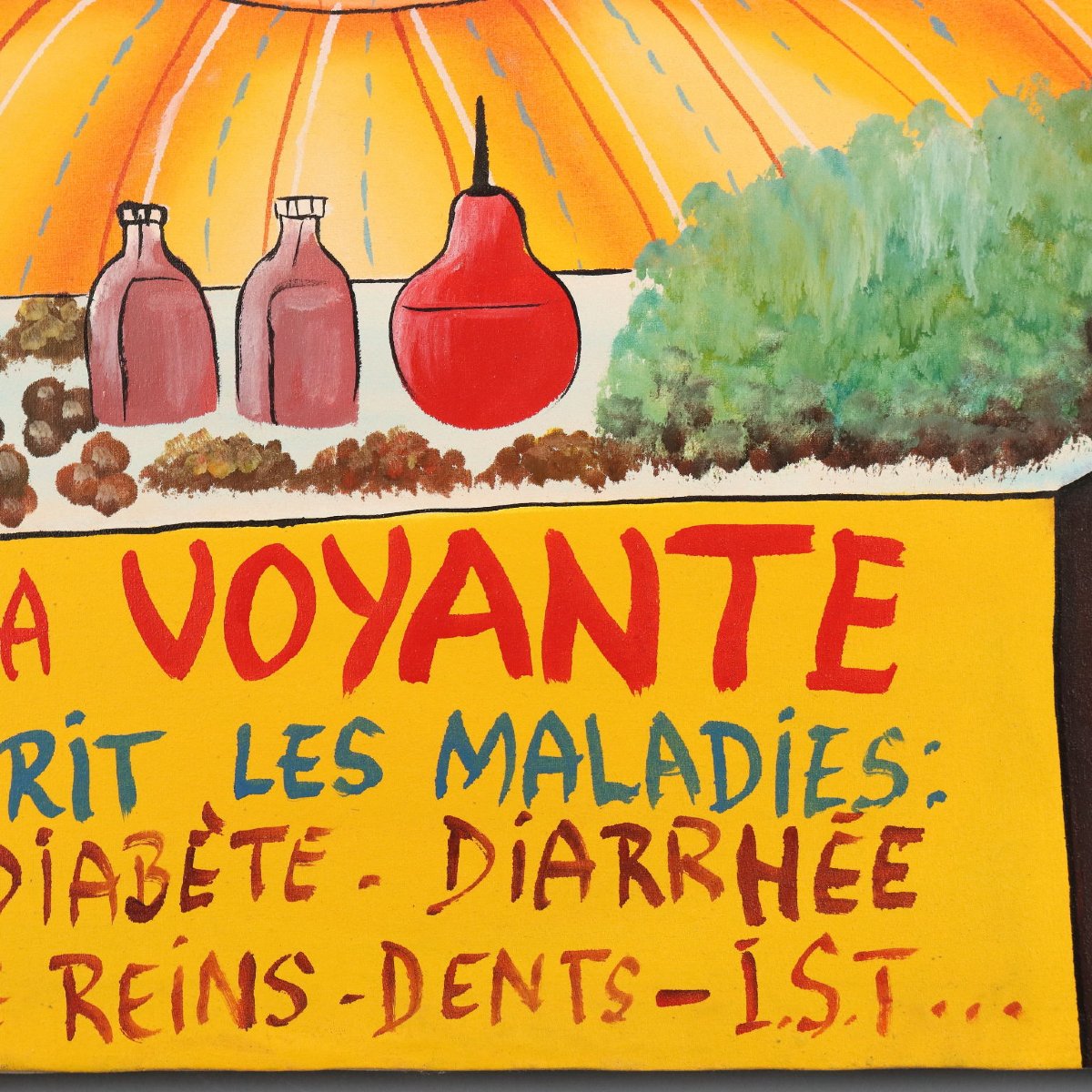 Dipinto Naif Africano La Venditrice di Erbe Mediche Olio su Tela XX Secolo-photo-4