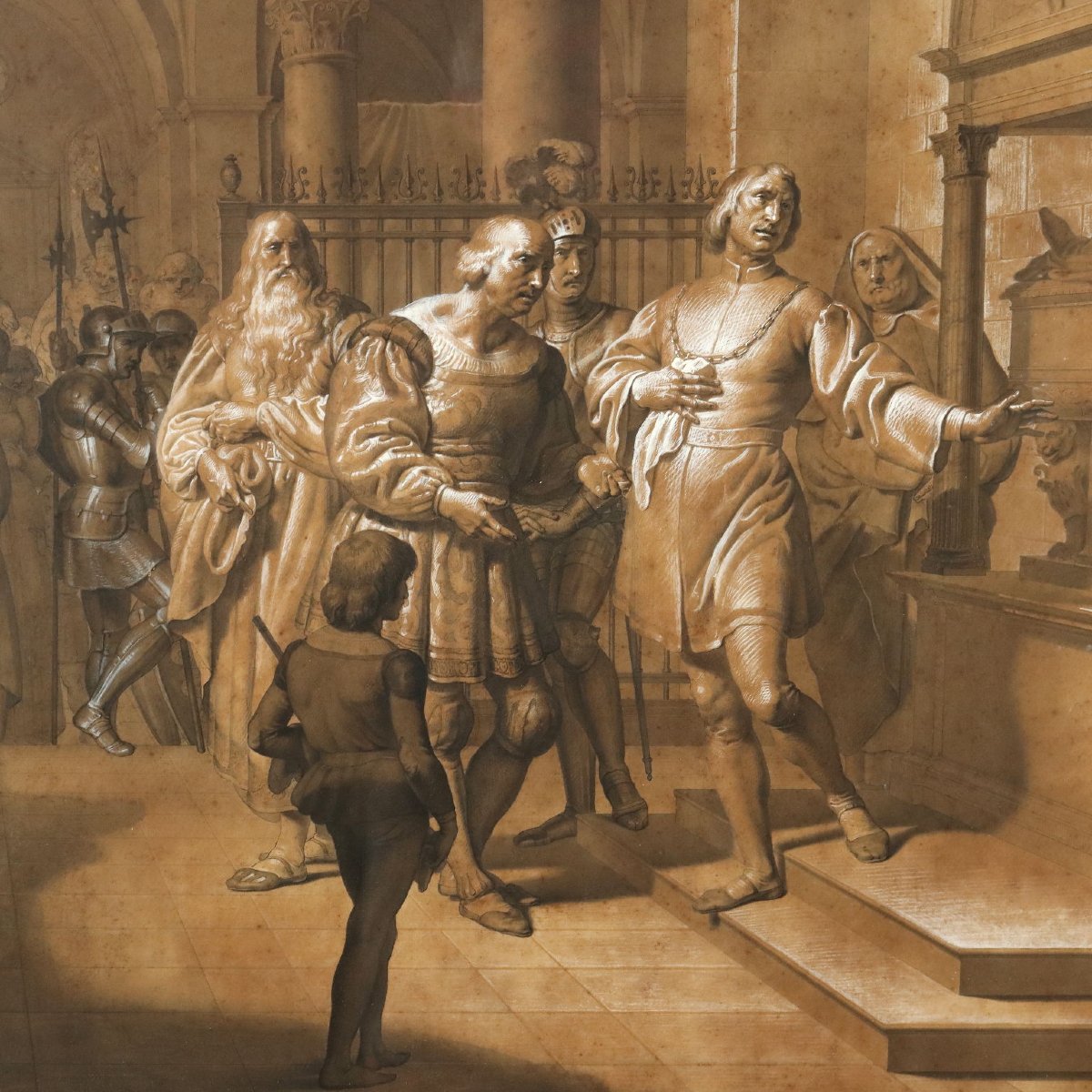 Dipinto Ludovico il Moro sulla Tomba di Beatrice d'Este Tecnica Mista XIX Secolo-photo-3