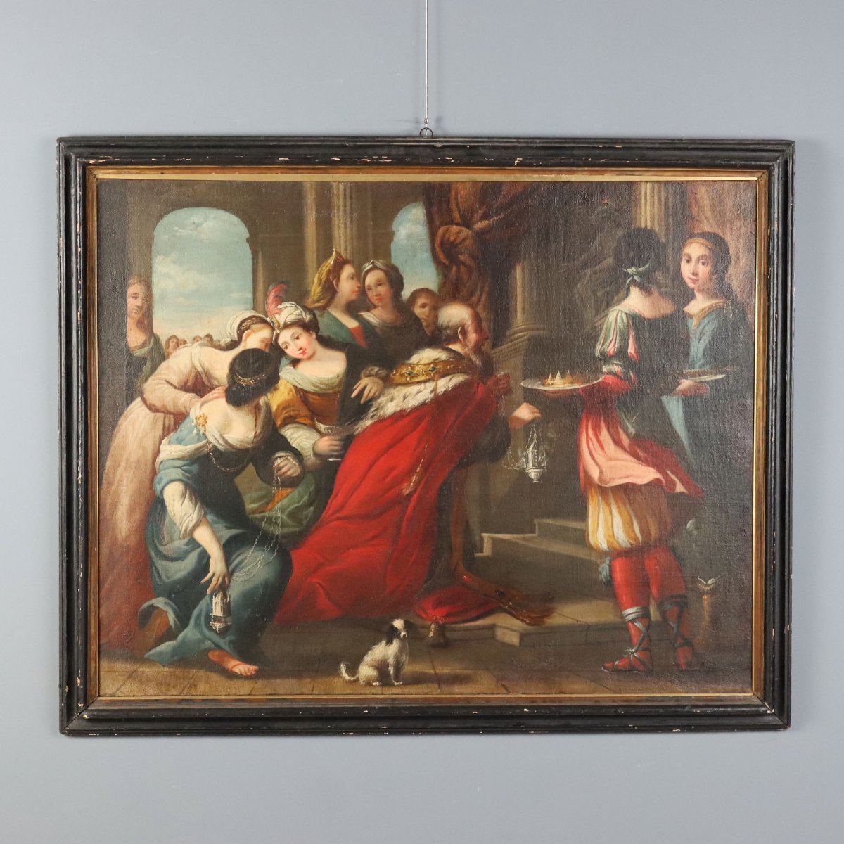Dipinto con Scena Biblica dell'Idolatria di Re Salomone Olio su Tela XVII Secolo