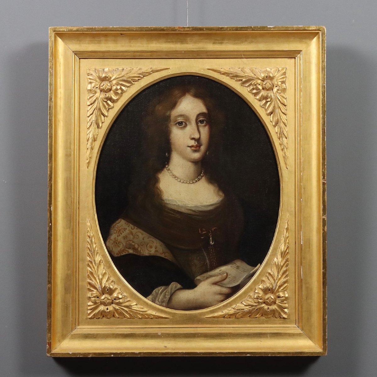 Dipinto Antico Ritratto di Donna con Spartito Olio su Tela '600 Originale