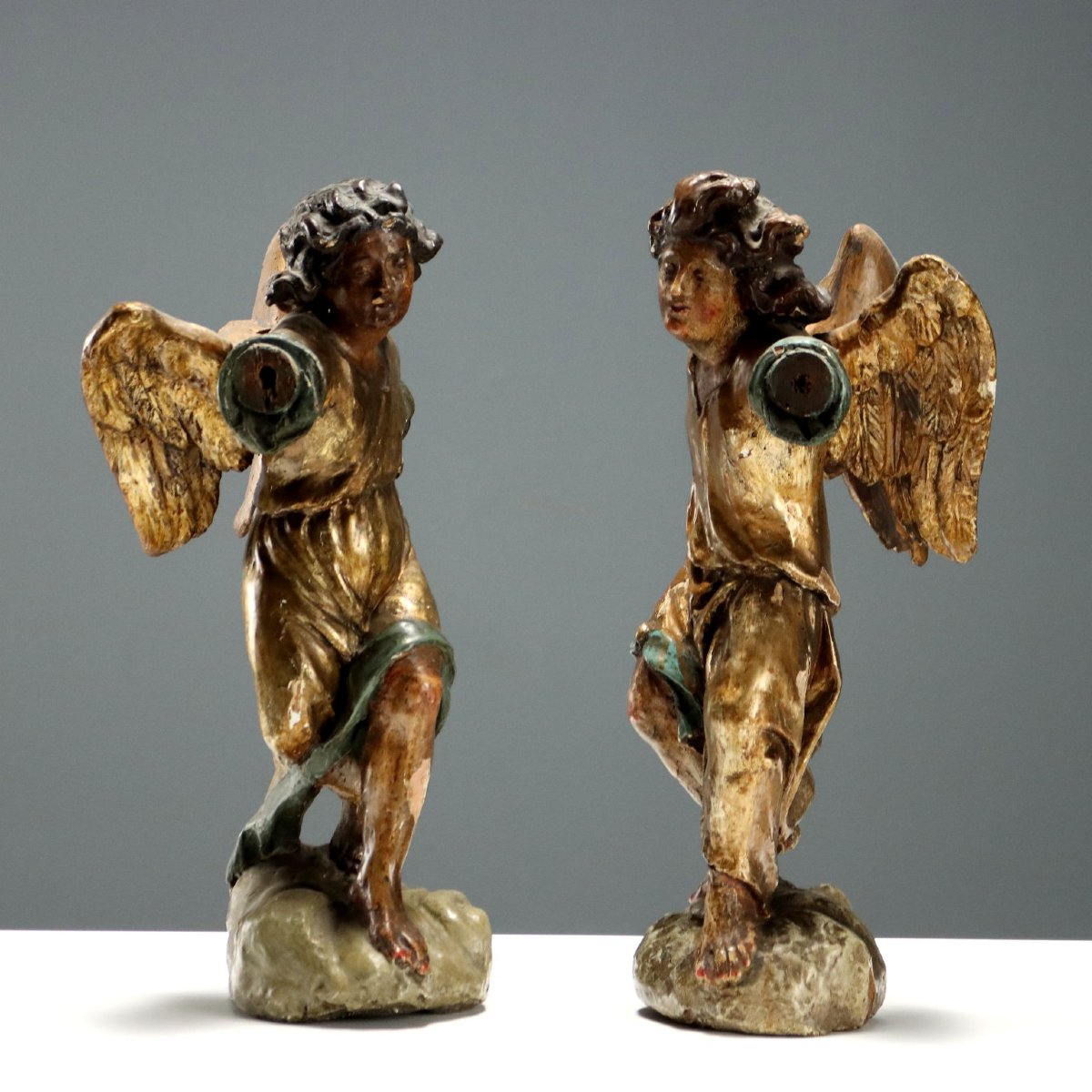 Angeli Antichi Legno Intagliato Laccato Dorato Italia XVIII Secolo Originali