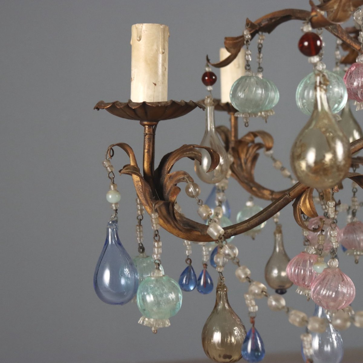 Lampadario in Ferro Dorato con Vetro Policromo Italia Inizio XX Secolo-photo-2