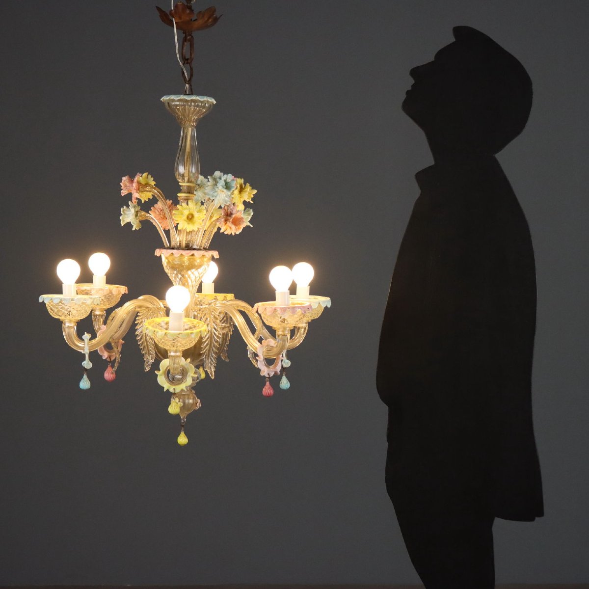 Lampadario in Vetro Soffiato Veneziano con Fiori Murano Metà XIX Secolo-photo-2