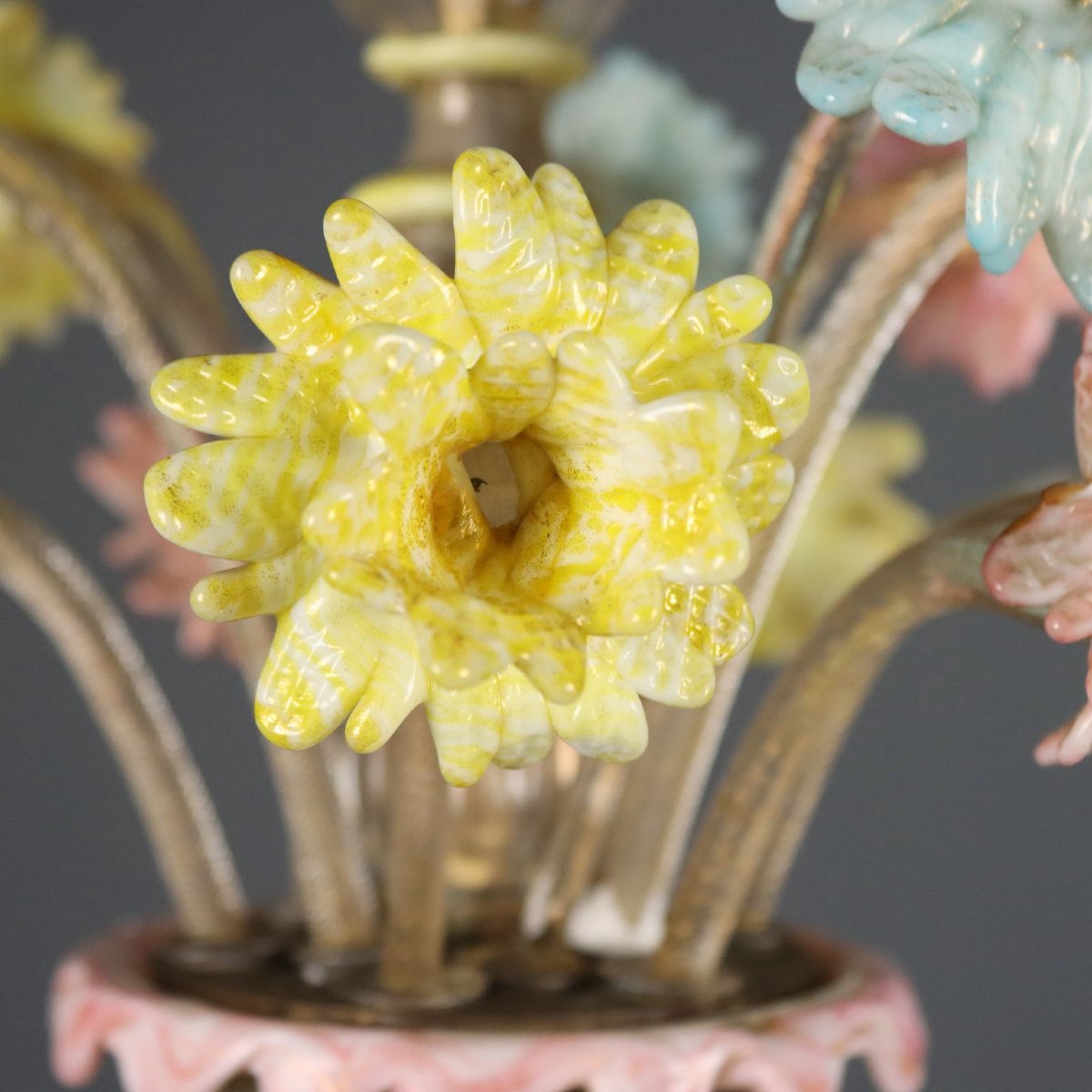 Lampadario in Vetro Soffiato Veneziano con Fiori Murano Metà XIX Secolo-photo-3