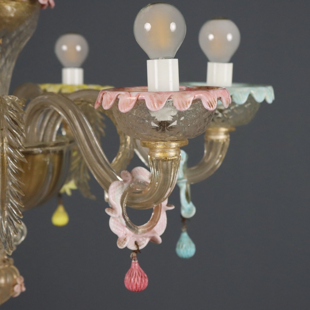 Lampadario in Vetro Soffiato Veneziano con Fiori Murano Metà XIX Secolo-photo-1