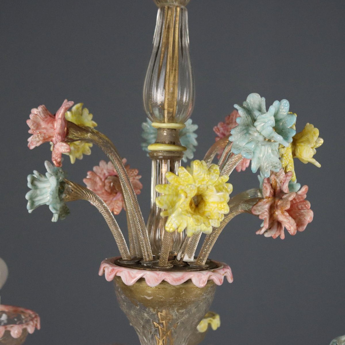 Lampadario in Vetro Soffiato Veneziano con Fiori Murano Metà XIX Secolo-photo-4