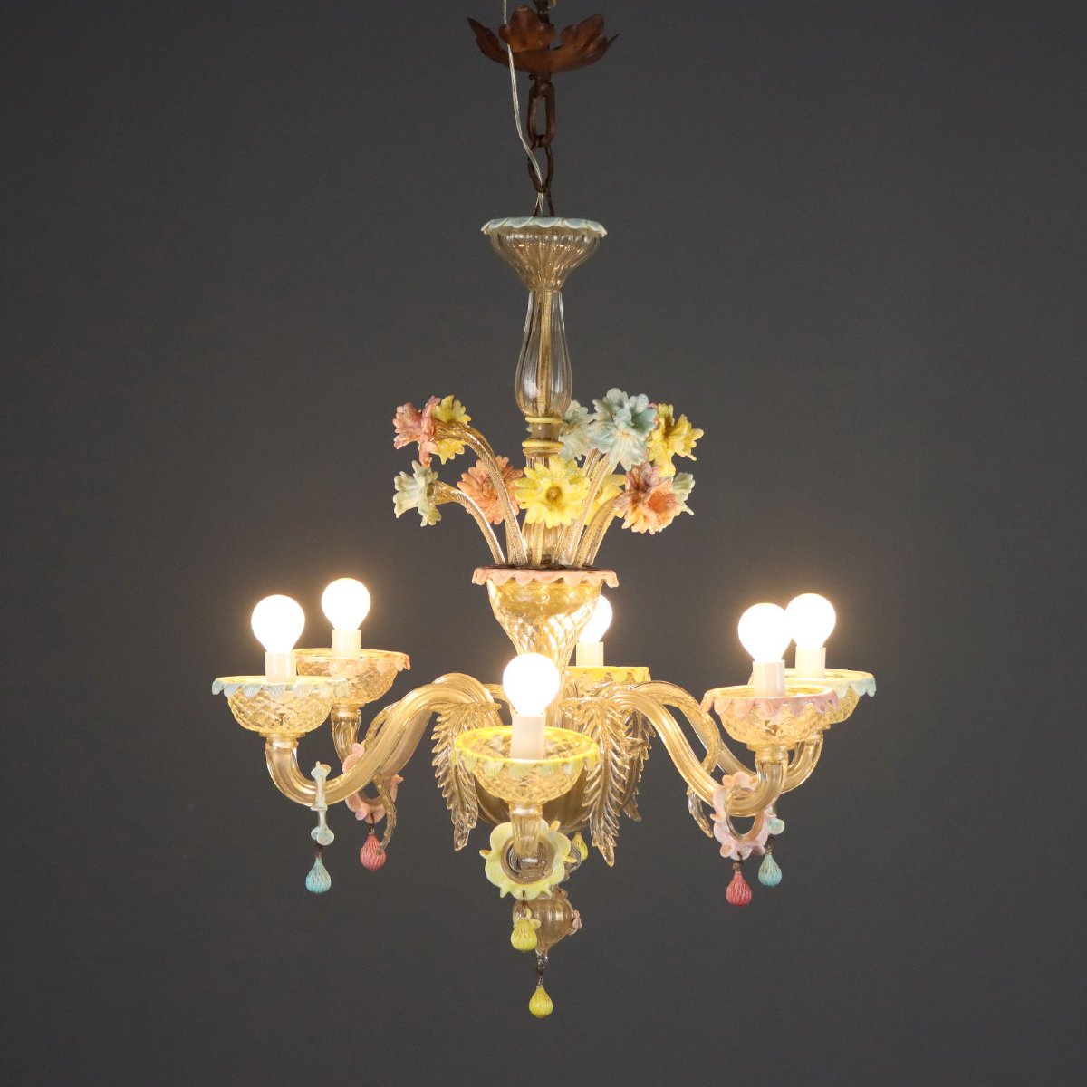 Lampadario in Vetro Soffiato Veneziano con Fiori Murano Metà XIX Secolo-photo-6