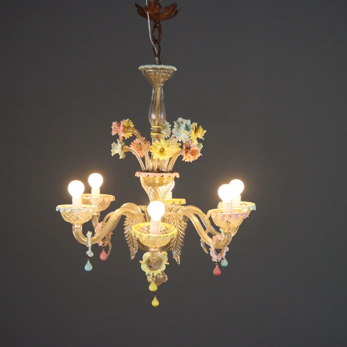 Lampadario in Vetro Soffiato Veneziano con Fiori Murano Metà XIX Secolo-photo-8