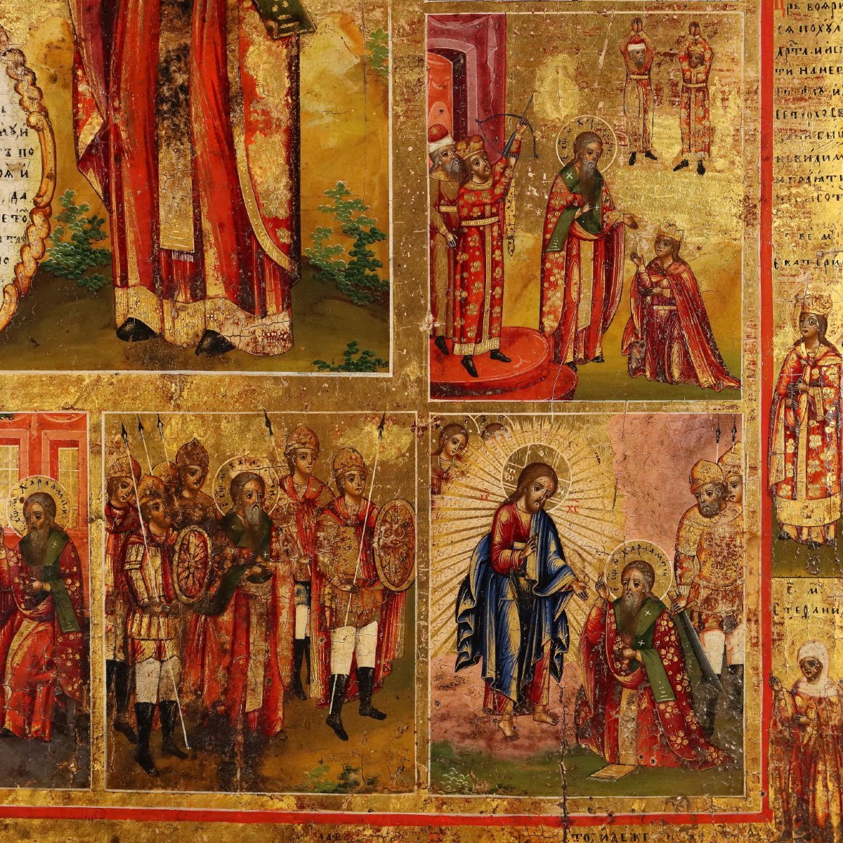 Icona Russa Antica Le Dodici Feste Tempera su Tavola XIX Secolo Originale-photo-3