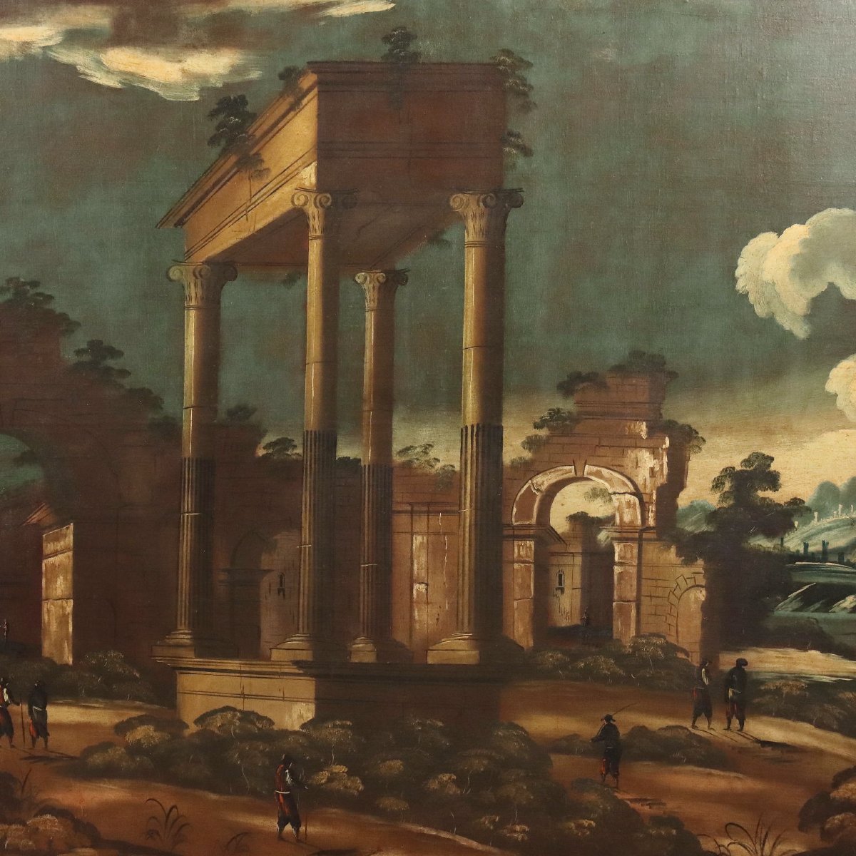 Dipinto Antico Paesaggio Architettonico Olio su Tela XVIII Secolo Originale-photo-3