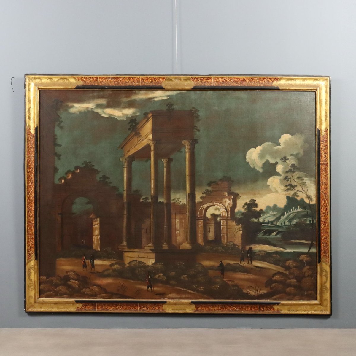 Dipinto Antico Paesaggio Architettonico Olio su Tela XVIII Secolo Originale