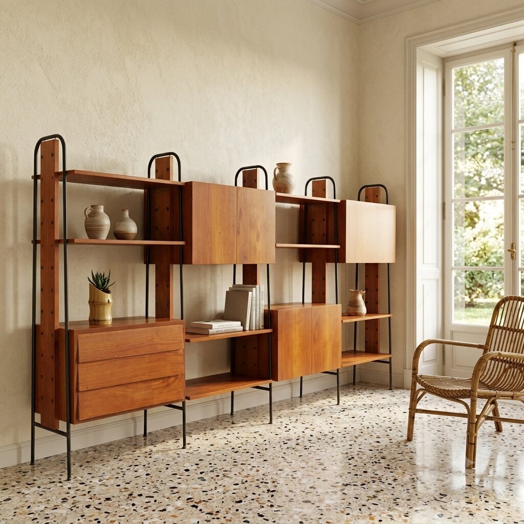 Libreria Vintage Teak Metallo Ante Cassetti Italia Design Anni 60 Originale-photo-2