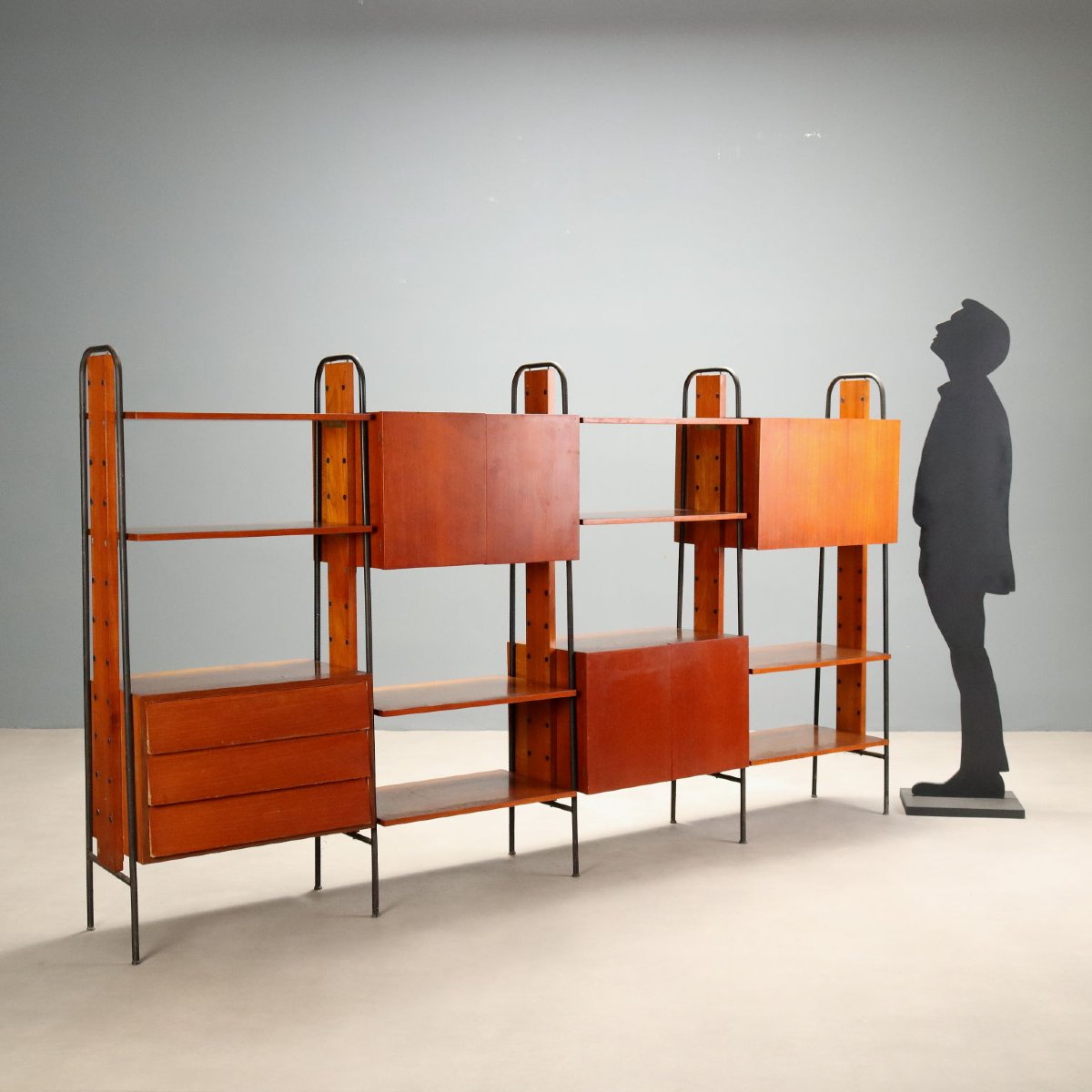 Libreria Vintage Teak Metallo Ante Cassetti Italia Design Anni 60 Originale-photo-3